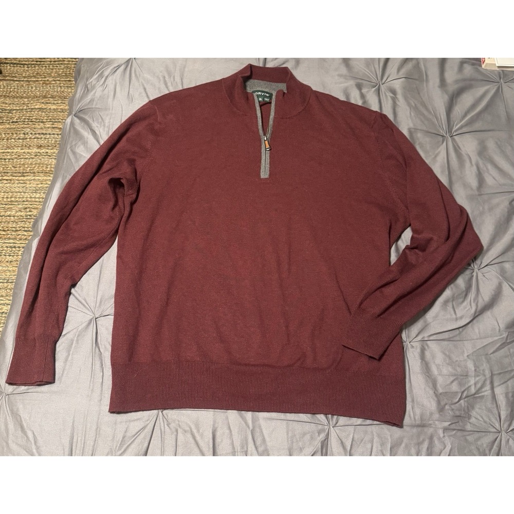 Orvis Men's XL Knit 1/4 Zip Mock Neck Sweater Burgundy Cotton Silk Cashmere